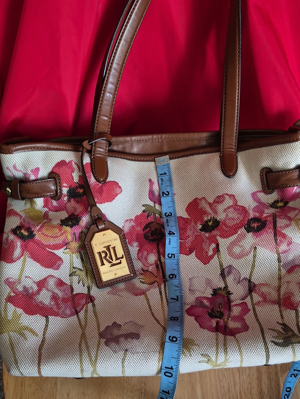 Ralph Lauren-Floral Canvas Tote with Brown Leather Trim - Pink Floral - Picture 7 of 13